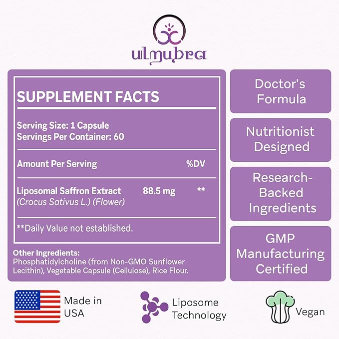 Liposomal Saffron Supplements 88.5 mg Maximum Absorption 100% Pure Saffron Extract Capsules for Mood Energy Vision &amp Focus - 120 Vegan Capsules