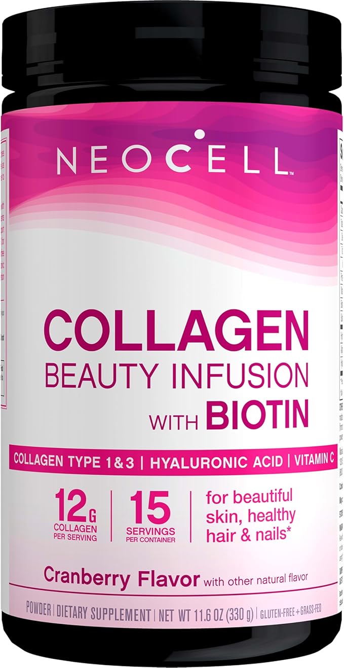 NeoCell Collagen Peptides Powder | 9.1 oz | Grass Fed Bovine | with Biotin and Hyaluronic Acid | Cranberry Cocktail Flavored | Beauty Infusion Drink Mix | Hair Skin &amp Nails
