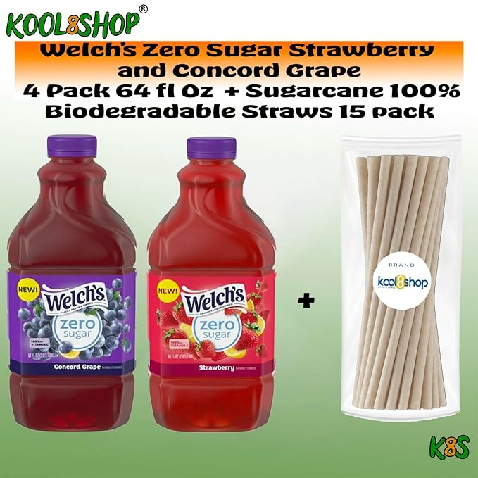 Welch's Zero Sugar Strawberry and Concord Grape Fruit Juice Drink 64 fl oz Plastic Bottles 4 Pack + 15 Sugarcane Disposable Straws by KOOL8SHOP Infinite Deals