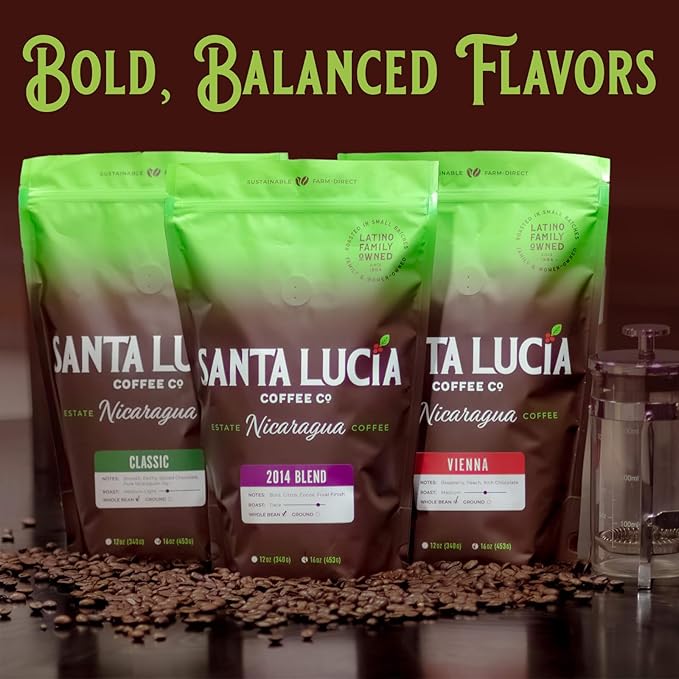 Santa Lucia Coffee - Specialty Nicaraguan Coffee Variety Pack - Light Medium &amp Dark Roast - Low Acid 91 Point SHG Small Batch Roasted 100% Single-Origin Ground Coffee 3 Bags (16oz Each)