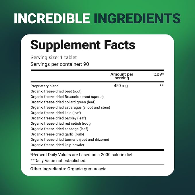 Dr. Berg's Greens Superfood Cruciferous Vegetable Tablets - Vegetable Supplements for Adults w/ 11 Phytonutrient Super Greens - Energy Immune System &amp Liver Veggie Tablets - 90 Tablet