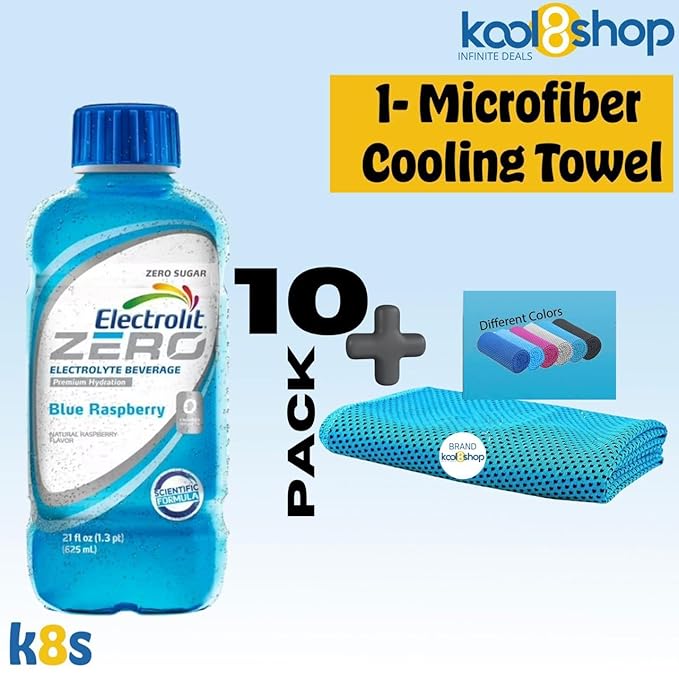 Electrolit Zero Blue Raspberry Hydration Drink With Electrolytes 21 fl oz Plastic Bottle 10 Pack + 1 Microfiber Cooling Towel by KOOL8SHOP Infinite Deals