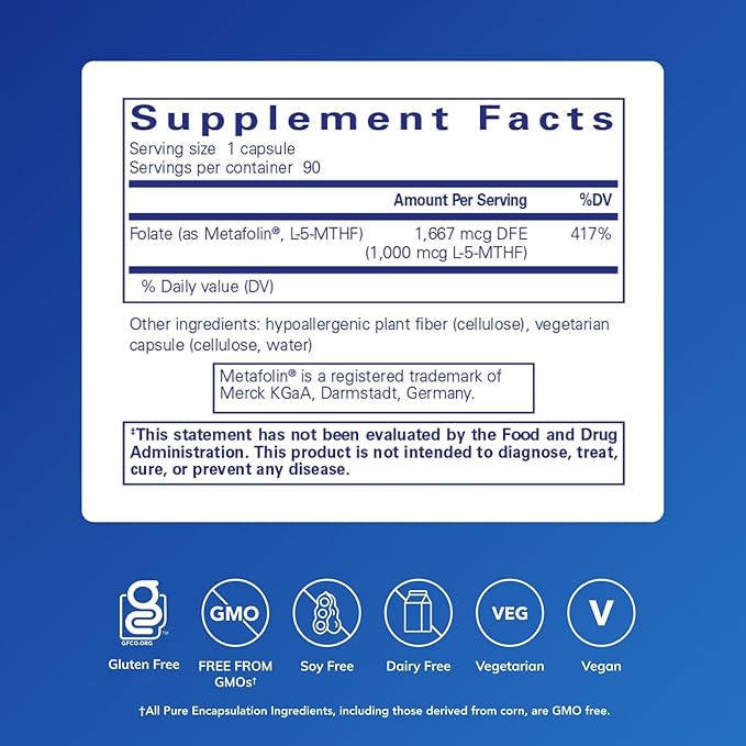 Pure Encapsulations Folate 1000 - Metafolin L-5-MTHF - Heart Health Supplement* - Folate Supplement - Non-GMO &amp Gluten Free - 90 Capsules