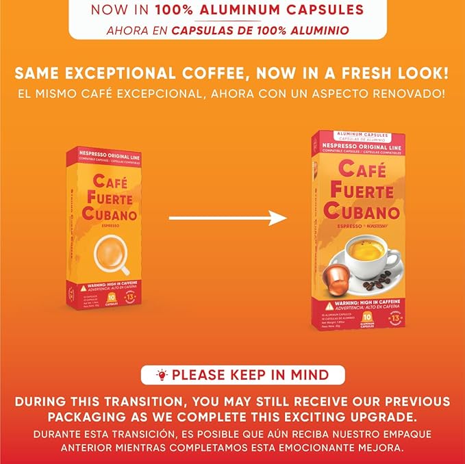 Café Fuerte Cubano Aluminum Espresso Capsules Compatible with Nespresso Original Machines Dark Roast Intensity 13 High Caffeine Recyclable Coffee Pods Roasted and Packaged in USA (40 Count)