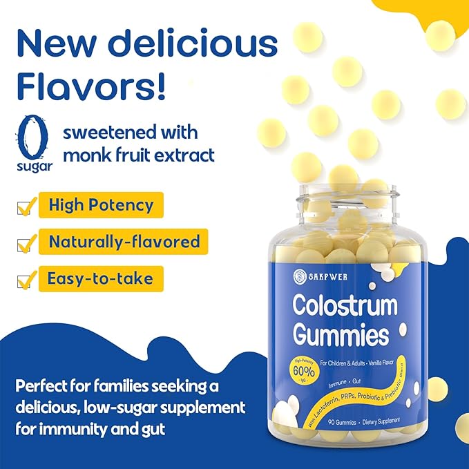 Bovine Colostrum Supplement Gummies - with 60% Highest IgG Lactoferrin Probiotics and Prebiotics for Adults and Kids Vanilla Flavor &amp Sugar Free 90 Gummies