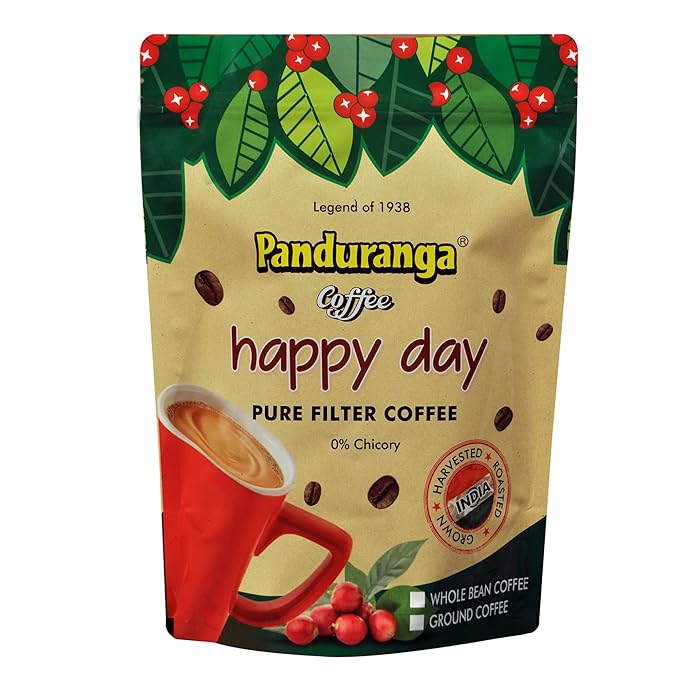 Panduranga Coffee Happy Day - 100% Pure Whole Coffee Beans 0% Chicory Premium South Indian Blend Freshly Harvested &amp Roasted 500g (pack of 1) (Whole Bean)