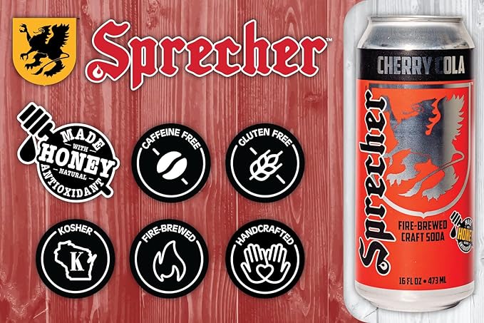 Sprecher Root Beer &amp Cherry Cola Craft Soda – Fire-Brewed with Real Honey Handcrafted Gourmet Beverages Caffeine-Free – 16 fl oz Cans (24 Pack Total)