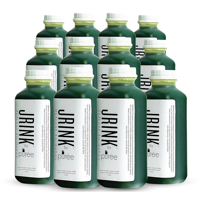 JRINK by Purée Easy Green Juice Cold Pressed Organic Fruit and Vegetable Blend Detox Cleanse Healthy Raw Greens Drink No Preservatives Juice Cleanse 16oz HDPE Bottles Pack of 12