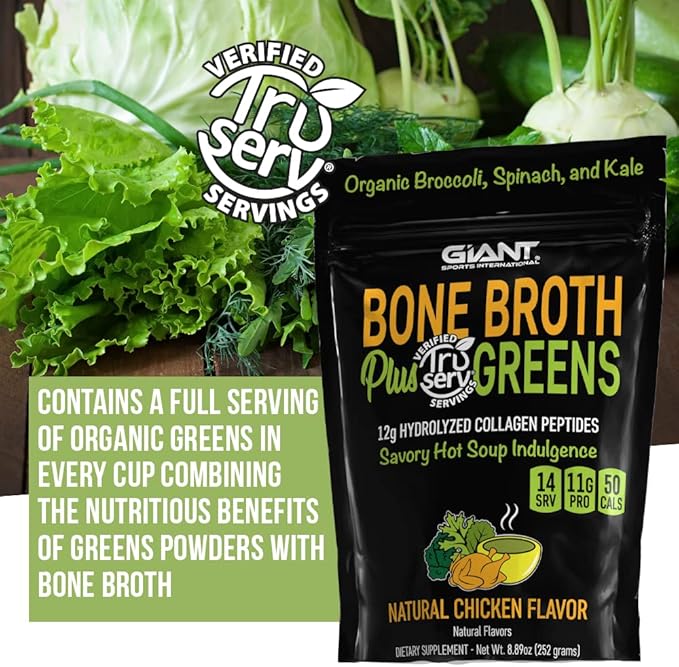 Giant Sports Bone Broth Collagen Plus Greens | Organic Super Greens Powder + Delicious Collagen Protein Powder Mix | Paleo and Keto Friendly | Natural Chicken Flavor 14 Servings