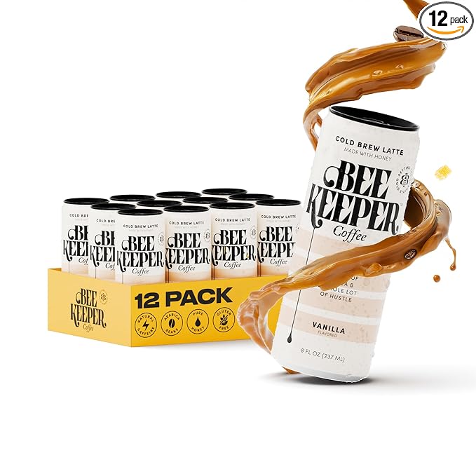 Beekeeper Vanilla Latte Cold Brew Coffee Drinks with Oregon Honey | 12 Pack Refreshing Iced Coffee - Unsweetened &amp Strong Arabica Brew 8 fl oz Ready-to-Drink Can - 180mg Natural Caffeine