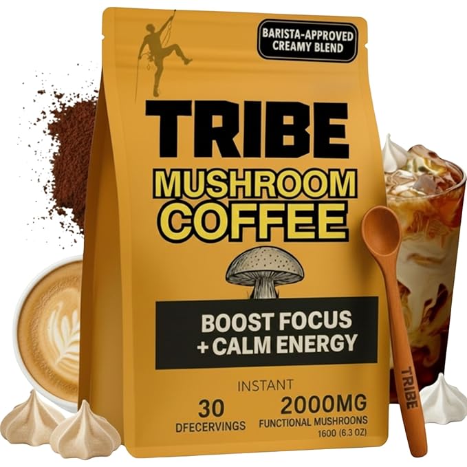 TRIBE Mushroom Coffee with MCT Oil - Creamy Instant Barista Blend for Energy Focus &amp Immune Support 6 Adaptogenic Superfoods - Lion’s Mane Reishi Turkey Tail - 2000mg - 30 Servings Spoon Incl