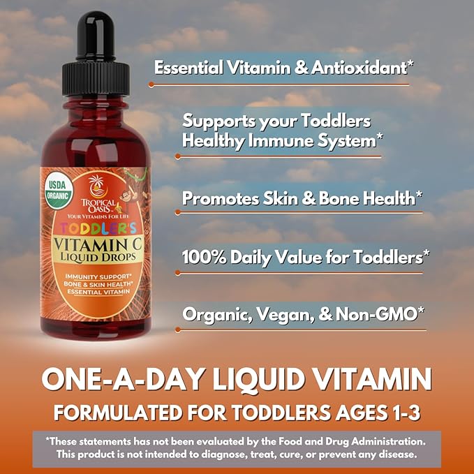 USDA Organic Toddler Vitamin C Drops | Organic Vitamin C Liquid Drops for Toddlers &amp Babies Ages 1-3 Years | Supports Healthy Immune System | Vegan | Non-GMO | Gluten Free | 60 Servings