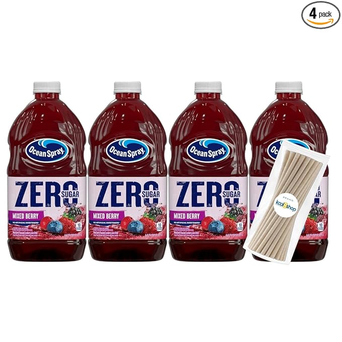 Ocean Spray Zero Sugar Mixed Berry Fruit Juice Drink 64 fl oz 4 Pack + 15 Sugarcane Disposable Straws by KOOL8SHOP Infinite Deals