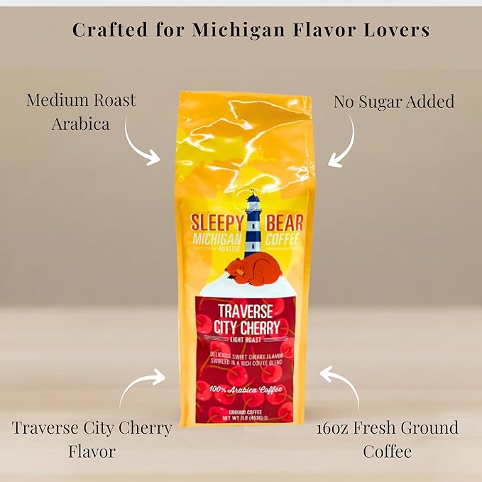 Sleepy Bear Traverse City Cherry Ground Coffee – Medium Roast Arabica with Bold Cherry Flavor Michigan-Made Smooth &amp Fruity Blend No Sugar Added 16oz Recloseable Bag (1 Pack)