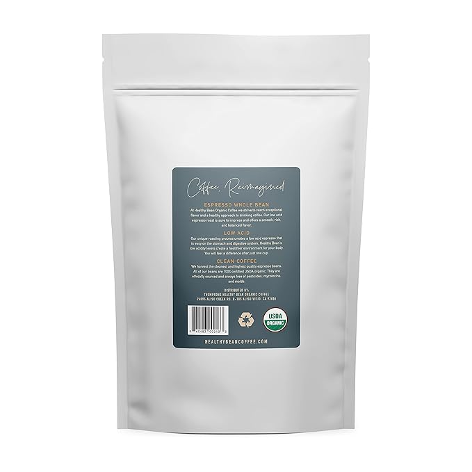 Healthy Bean Espresso Organic Coffee Beans Whole - Low Acid Coffee for Sensitive Stomach Strong and Rich Flavor - USDA Organic Dark Roast Whole Bean 11oz