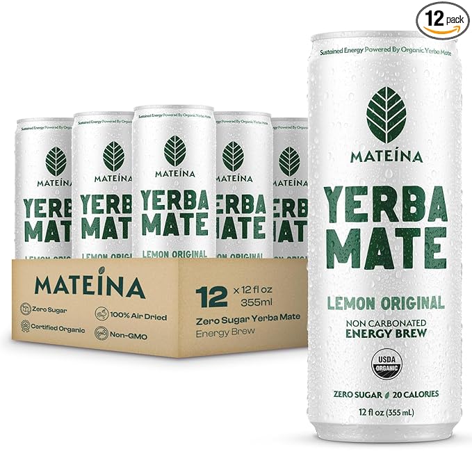 Mateina Yerba Mate Zero Sugar Energy Drink – 120mg Natural Caffeine – Organic Non-GMO Non-Carbonated – Dr. Andrew Huberman Recommended – (12 fl oz Cans 12 Pack) Lemon Original