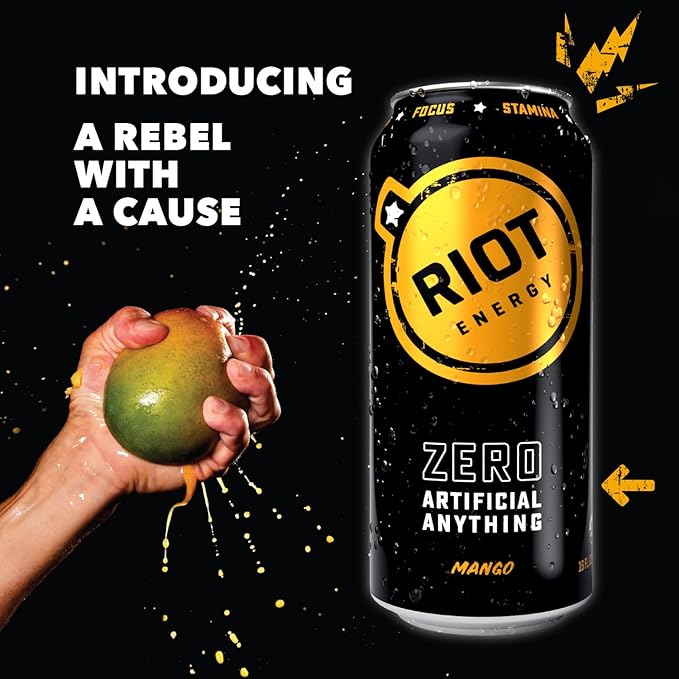 RIOT Clean Energy Drink Mango Zero Artificial Anything No Sucralose Made with Real Fruit No Sugar Added Natural Healthy Energy Stamina &amp Focus 16 Fl Oz (Pack of 12)