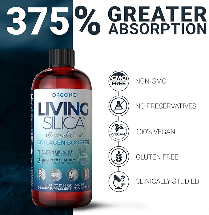 Orgono Living Silica Collagen Booster | Vegan Mineral-Based Silica Supplement | Supports Healthy Collagen &amp Elastin Production for Joint &amp Bone Support Glowing Skin Strong Hair &amp Nails |