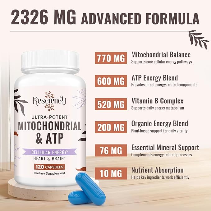 Resciency 2326 MG Mitochondrial Supplements with ATP Vitamins CoQ10 &amp PQQ More Effective Than Creatine HMB &amp Nitric Oxide Energy Endurance Strength Recovery &amp Muscle Organic 120 C