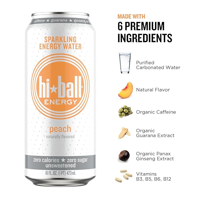 Hiball Energy Sparkling Water Peach 16 Ounce (Pack of 12)