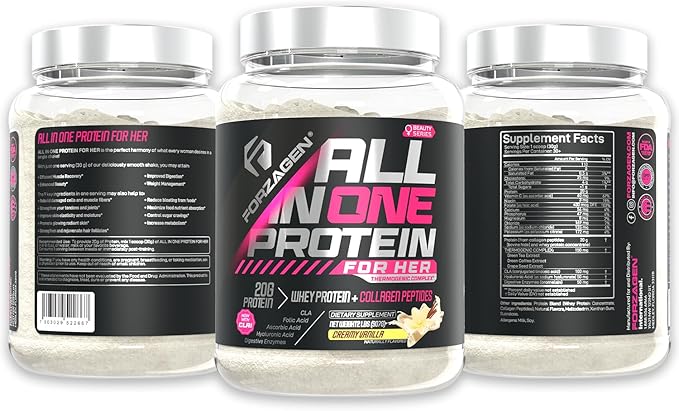 Forzagen All in One Protein for Her | Women’s Protein Powder with Multi Collagen Peptides | Hydrolyzed Collagen Supplement Gut Health Great for Pre &amp Post Workout | Vanilla 30+ Servings