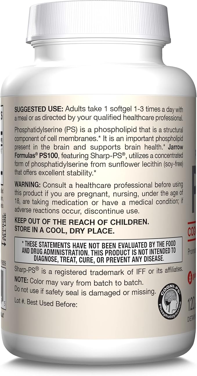 Jarrow Formulas PS100 Phosphatidylserine 100 mg Dietary Supplement for Brain Health and Cognition Support 120 Softgels 40-120 Day Supply