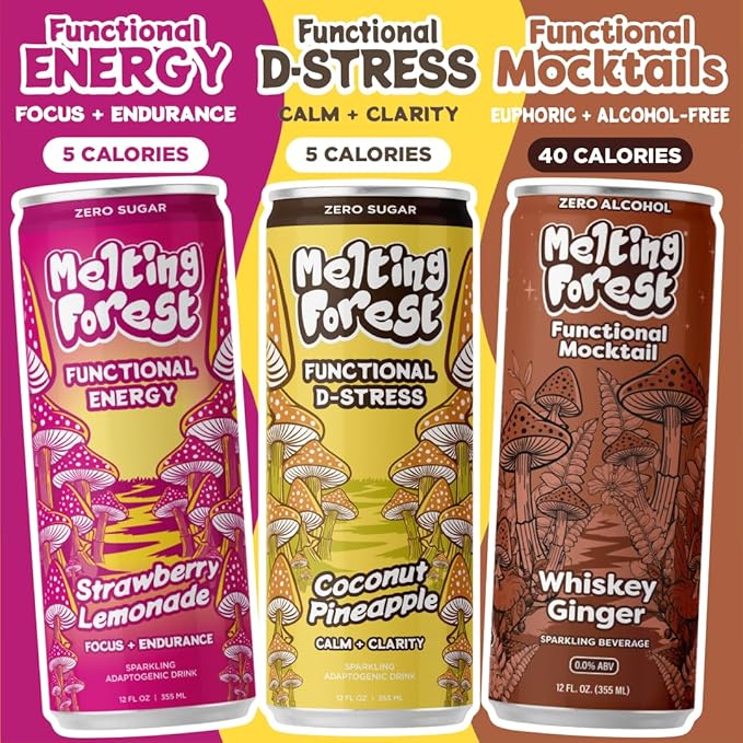 Melting Forest Mushroom Energy Drink 150mg of Caffeine L-Theanine Cordyceps &amp Lion's Mane Energy &amp Focus Cognitive Function &amp Mental Clarity Variety Pack (12 Pack)