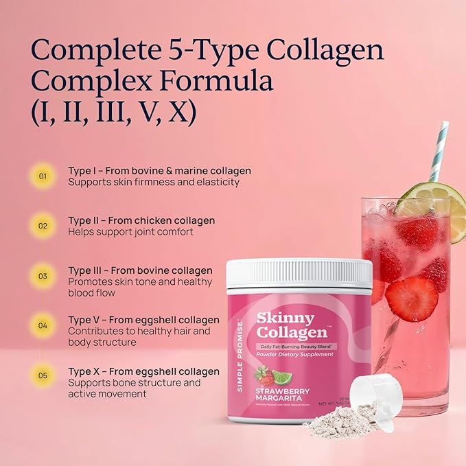 Skinny Collagen Weight Loss Supplement - Hydrolyzed Multi-Collagen Peptides Powder Drink - Types I II III V X - Supports Fat Burning &amp Weight Goals For Women - 30 Servings - Strawberry Margari