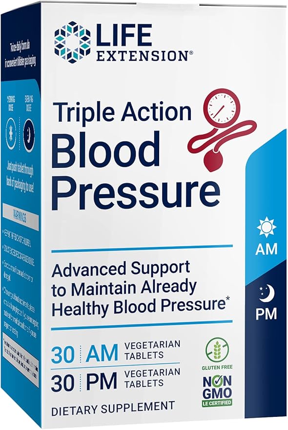 Life Extension Triple Action Blood Pressure Heart Health Supplement quercetin stevia Extract melatonin Morning and Night Support Gluten-Free Non-GMO Vegetarian 60 Tablets