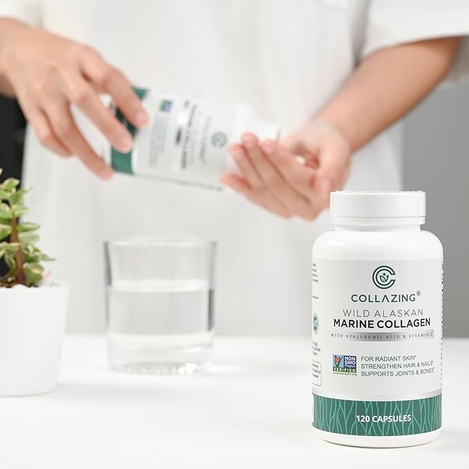 Alaskan Wild-Caught Marine Collagen Peptides with Hyaluronic Acid &amp Vitamin C - Supports Skin Hair Nails Joints &amp Bones - Type 1 &amp 3 Collagen for Women &amp Men - 120 Powder Capsules