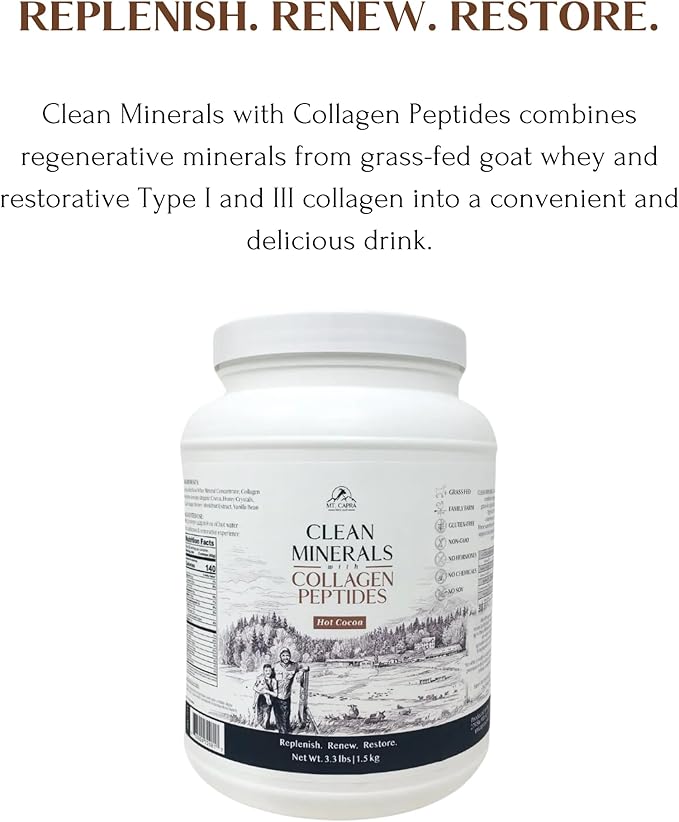 Mt. Capra Clean Minerals with Collagen Peptides | Healthy Hot Cocoa with Minerals from Goat Milk Whey and Grass-Fed Type I and III Collagen Peptides for 10 g Protein | 35 Servings - 3.3 Pounds