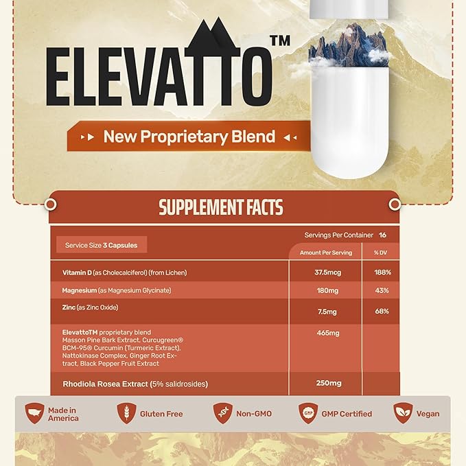 Altitude Sickness Prevention | Patches Alternative - Highly Bioavailable : Head Aches Motion Sickness Vertigo | Boost Oxygen w/ ELEVATTO Complex - The Gold Standard RX for High Elevation / Mountain