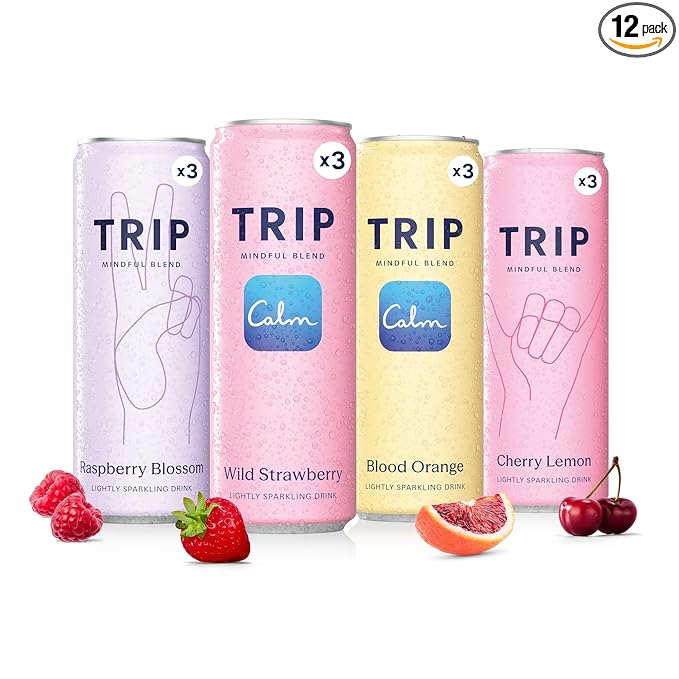TRIP Lightly Sparkling Adaptogen Seltzer Non-Alcoholic Mocktail with Magnesium Ashwagandha Lions Mane &amp L Theanine No Added Sugar Vegan Citrus Berry Variety Pack 12 Oz 12Pk