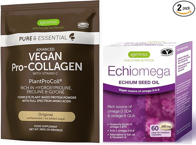 Pure &amp Essential Vegan Collagen Peptide Protein Powder &amp Echiomega Bundle Complete Collagen Boosting Formula Triple Omega 3 6 9 500 mg Softgels from Echium Seed Oil by Igennus