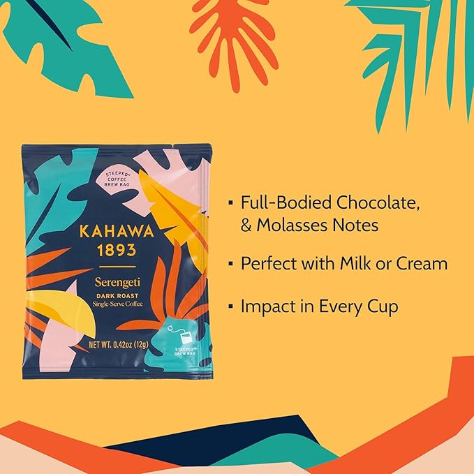 Kahawa 1893 Coffee Tea Bags Dark Roast Serengeti Blend 12 Single Serve Packs - As Seen on Shark Tank Low Acid High Antioxidants Naturally Sweet Organically Grown Ethically &amp Sustainably Sourc