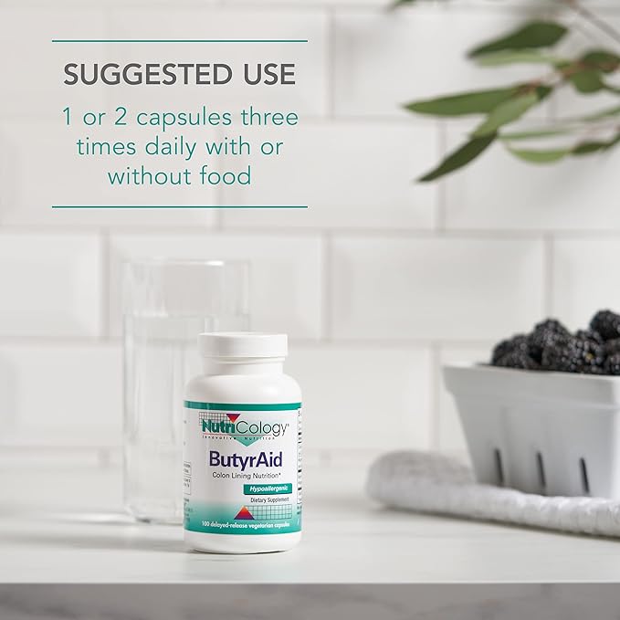 NutriCology ButyrAid Colon Lining Nutrition - Supports Gut and Colon Health - Digestive Support - Delivers 200 mg - Vegetarian &amp Hypoallergenic - 100 Servings - 100 Delayed-Release Capsules