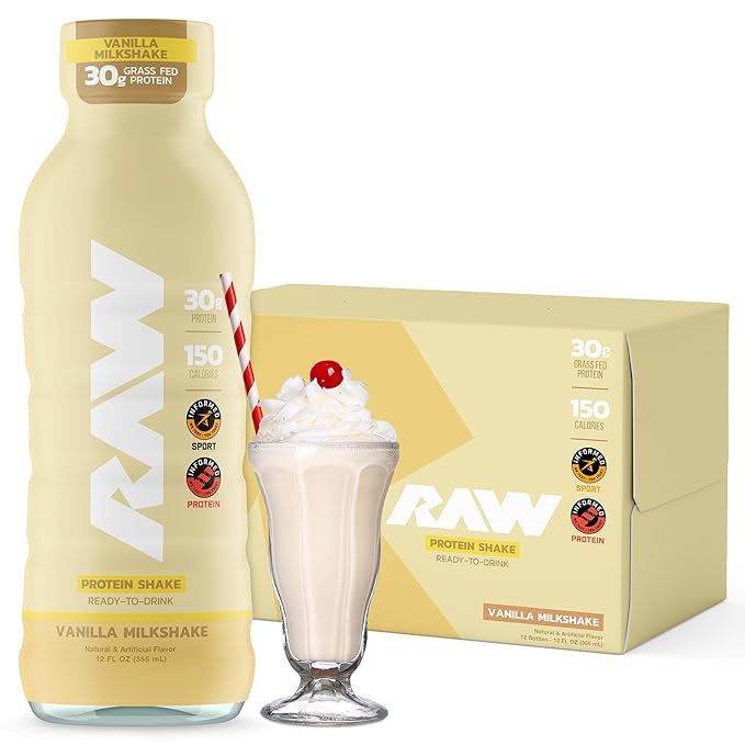 RAW Ready-to-Drink Protein Shake Vanilla - RTD Protein Drinks with Grass-Fed Whey Protein Isolate for Post-Workout - Zero-Sugar &amp Gluten-Free Meal Replacement Drink &amp Breakfast Shake 12 Fl O