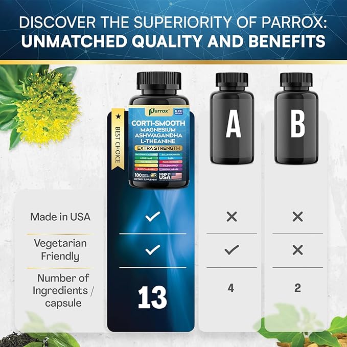 Corti-Smooth Cortisol Supplement Magnesium L-Theanine Ashwagandha Magnolia Bark Panax Ginseng Bacopa Monnieri GABA Lions Mane Ginkgo Biloba Phosphatidylserine Valerian Root (180 Caps)