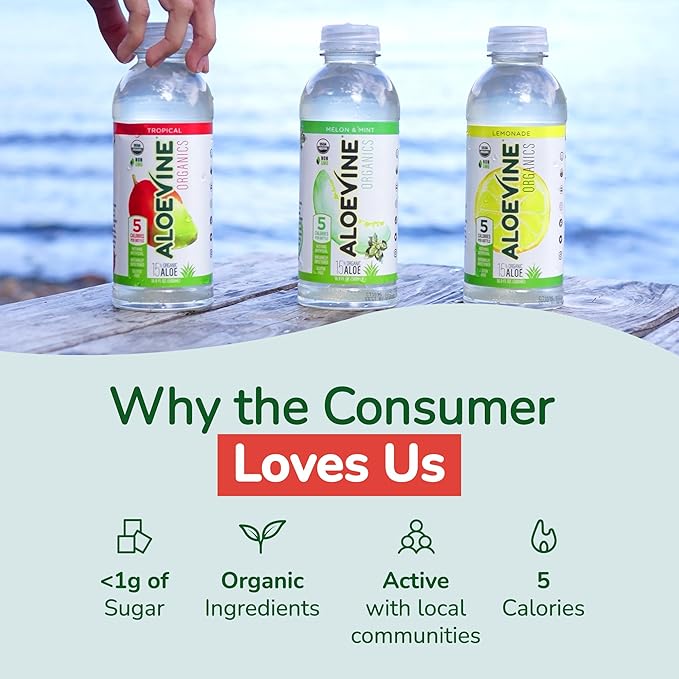 Aloevine Organics Organic Aloe Vera Drink No-Pulp With Aloe Powder &amp Lemon Juice 5 Calories Low Sugar No Artificial Ingredients 16.9 oz 12 Pack Tropical