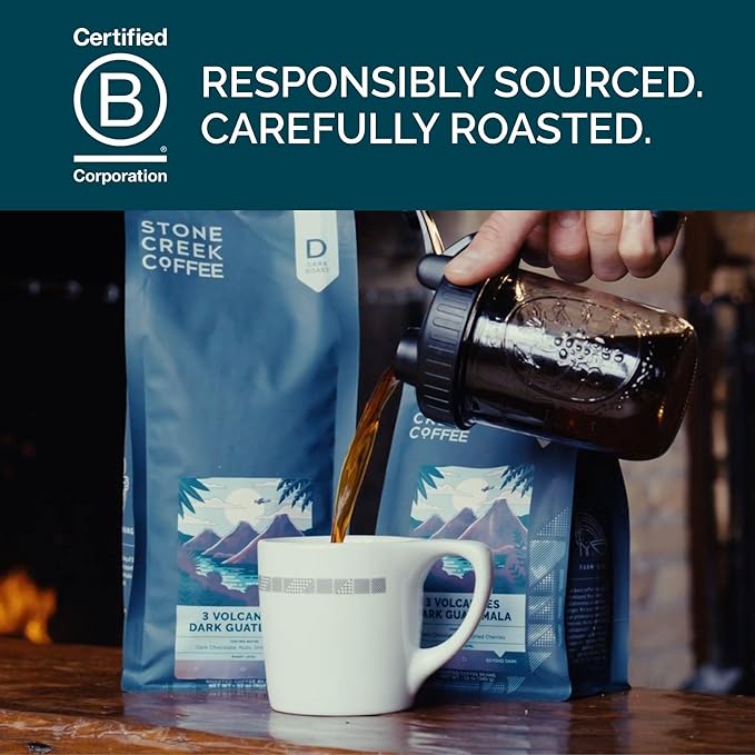 Stone Creek Coffee Dark Roast Ground Coffee – 12 Ounce (Pack of 1) – Smooth and Chocolatey Fresh Roasted Coffee Beans with Rich and Fruity Tasting Notes 3 Volcanoes Dark Guatemala