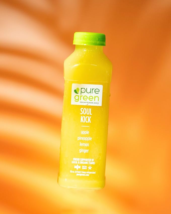 Pure Green Cold Pressed Juice - Soul Kick - Fresh Functional Blend with Apple Pineapple Lemon Ginger - Natural Gluten Free Non-GMO No Artificial Colors or Flavors - Made from Real Fruits &amp V