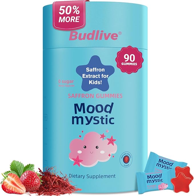 Saffron Gummies for Kids - Saffron Extract Supplement with GABA Calms Temper Tantrums Supports Happy Mood &amp Cognition Focus Calm Gummies for Kids 4+ Sugar Free Strawberry 90 Counts