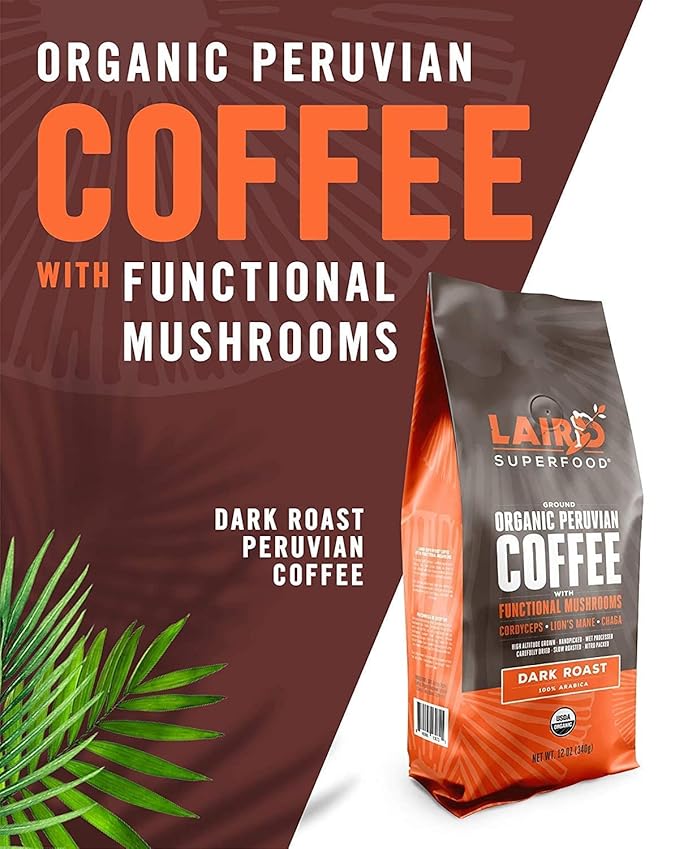 Laird Superfood Peruvian Dark Roast Coffee with Functional Mushrooms Certified Organic Peruvian Ground Coffee Beans Gluten-Free Dairy-Free Non-GMO Paleo Keto Friendly 12 oz. Bag Pack of 6