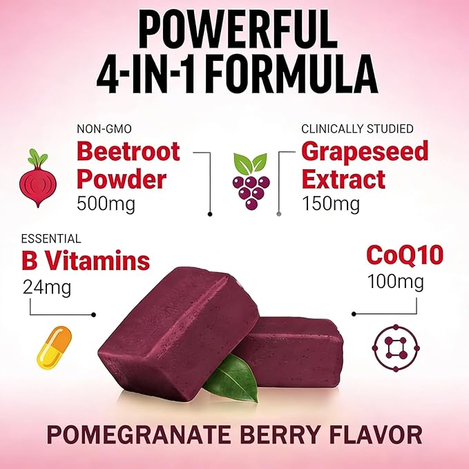 Beet Chews – Premium Beetroot Grape Seed &amp CoQ10 Functional Chews – Natural Pomegranate Berry Flavor Supports Healthy Circulation &amp Everyday Energy Non-GMO Gelatin-Free (60 Count)