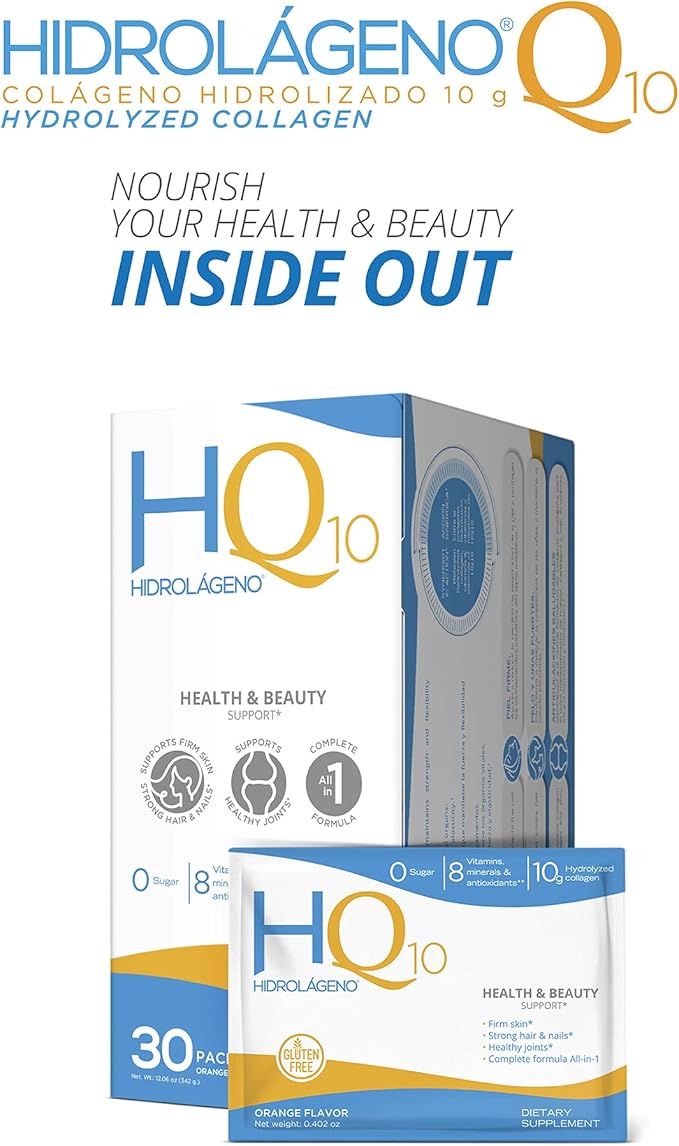 Hidrolageno Q10 Hydrolyzed Collagen Vitamins ZINC Antioxidants 30 sachets per pack 4.2 Ounce Pack of 1
