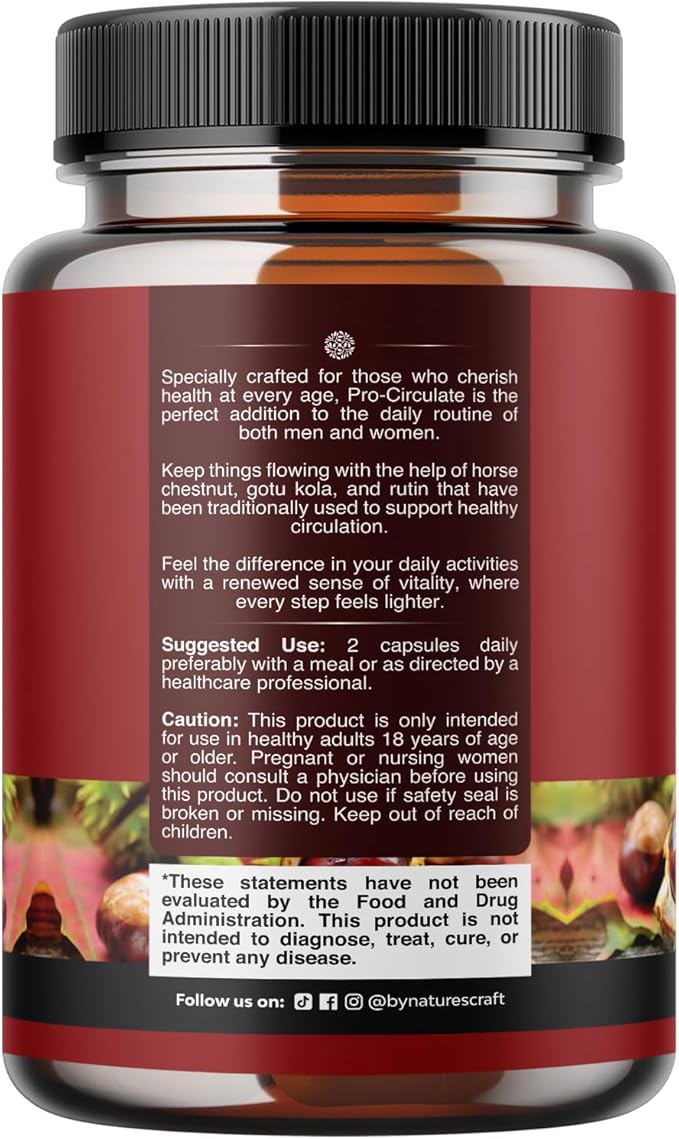 Natures Craft Vein Support Supplement for Leg and Veins - Full Body Supplement for Spider &amp Varicose Veins and Improved Flow with Horse Chestnut Extract - Vegan Non-GMO Capsules - 120 Count