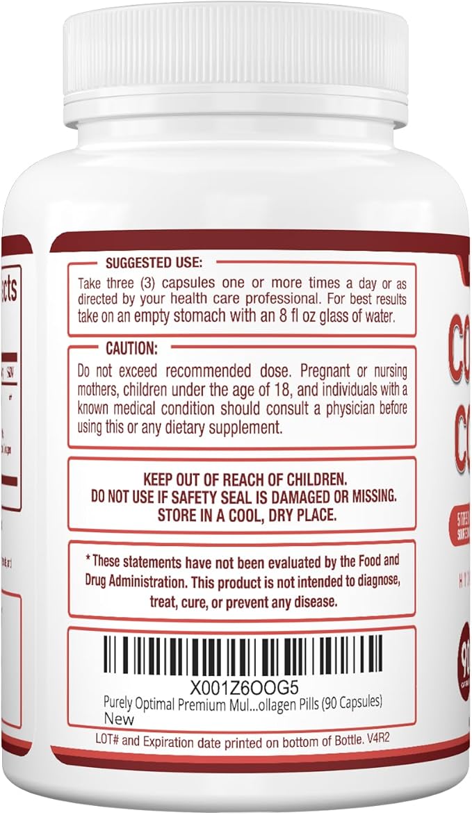 Purely Optimal Premium Multi Collagen Peptides Capsules (Types I II III V X) - Hair Skin and Nails Digestive &amp Joint Health Supplement Hydrolyzed Collagen Pills (90 Capsules)