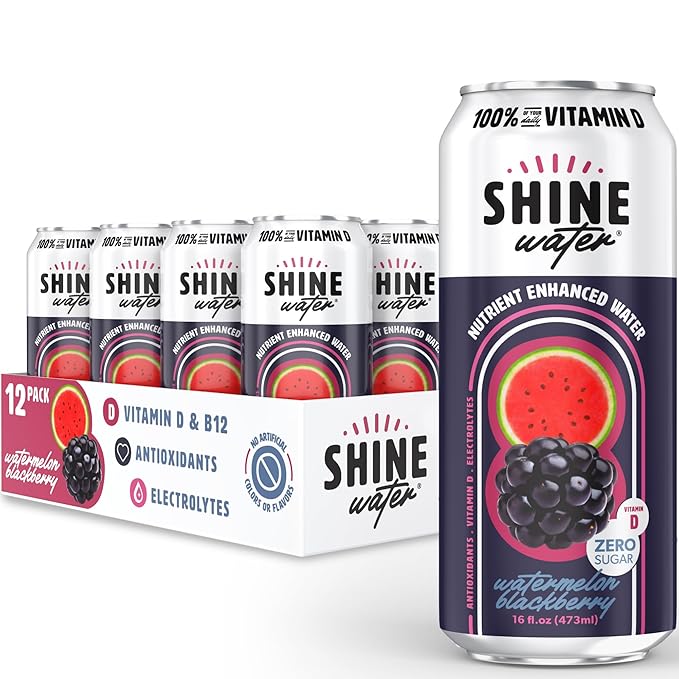Shine Water Watermelon Blackberry Vitamin D Electrolyte Drinks 12-Pack Sugar Free Flavored Water with Magnesium Zinc &amp Antioxidants Low Calorie Hydration Beverage Plant-Based Vitamin Water Zer