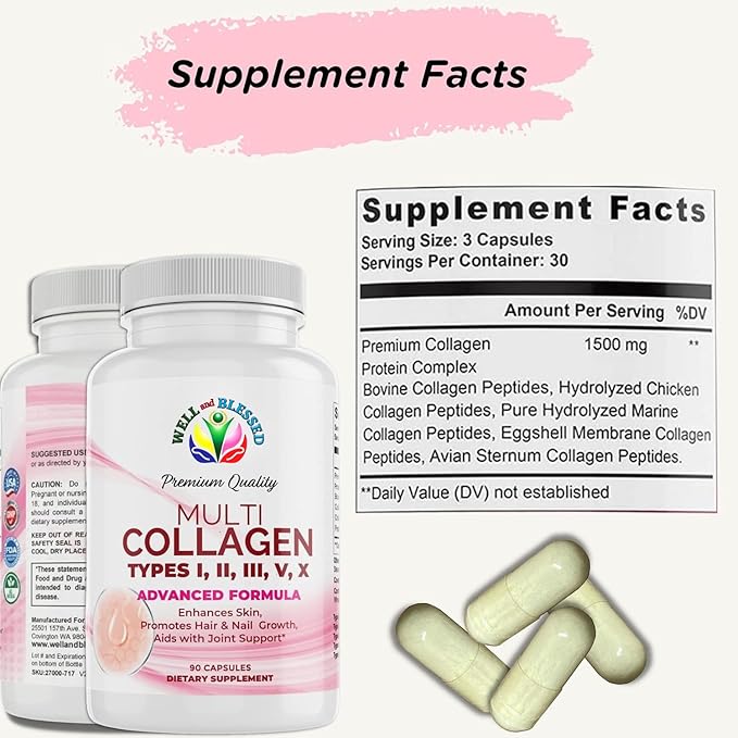 Multi Premium Collagen Supplements for Women with Vitamin C E -Tighten Skin Reduce Wrinkles Strong Nails Joints &amp Hair Growth - Anti Aging Skin Care Supplements for Women -90 Capsules
