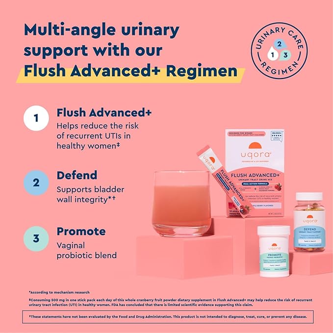 Uqora Flush Advanced+ Regimen with Flush Advanced+ - Cranberry to Reduce Risk of Recurrent UTI** - Defend &amp Promote - D-Mannose Vitamin C Green Tea Extract &amp Probiotics - 3-Part Bundle